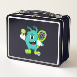 Alien at Tennis with Tennis racket Metal Lunch Box