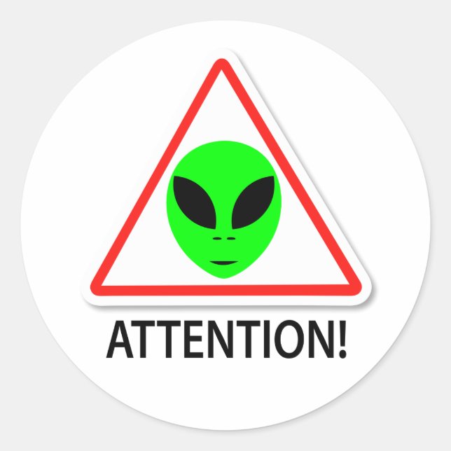 Alien attention sign classic round sticker (Front)