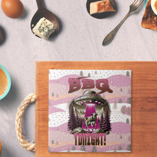 Alien BBQ Cow Abduction Joke Tile