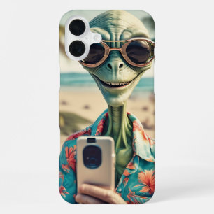 Alien Beach Selfie Retro Art iPhone 16 Plus Case