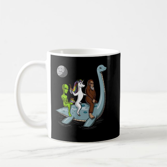 Alien Bigfoot Unicorn Riding Loch Ness Monster Cry Coffee Mug (Left)