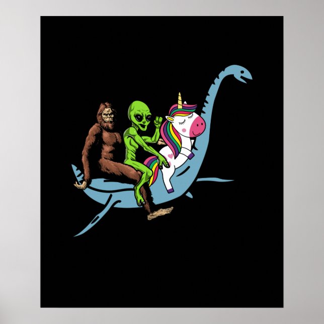 Alien Bigfoot Unicorn Riding Loch Ness Monster Poster (Front)
