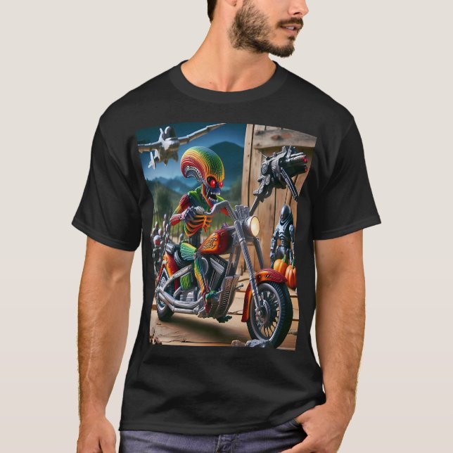 Alien Biker in a Futuristic World T-Shirt (Front)