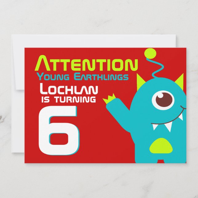 Alien birthday boy 6th aqua orange invitation (Front)