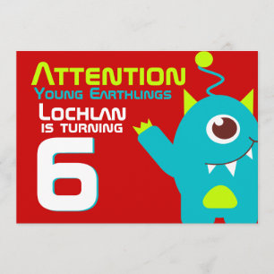 Alien birthday boy 6th aqua orange invitation