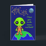 Alien Birthday Card new by Jo Images<br><div class="desc">A colourful Friendly Alien with the sentiment "Love you to the moon and back!" Inside "Happy Birthday to my favourite earthling!" Text can be customized to suit your occasion.</div>