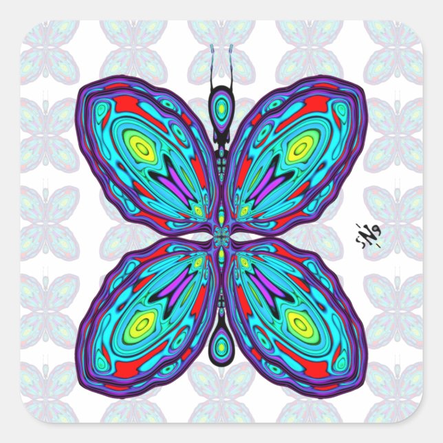 Alien butterfly (colourful pattern) v2 square sticker (Front)