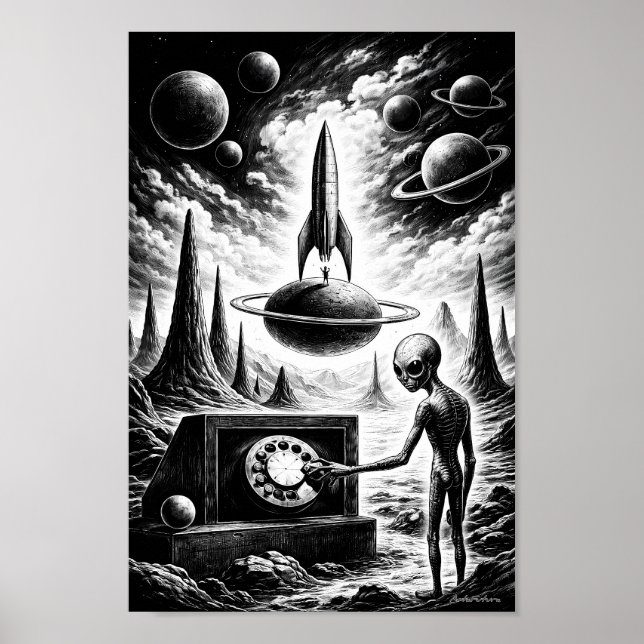 Alien Calling Through Cosmic Night Poster (Front)