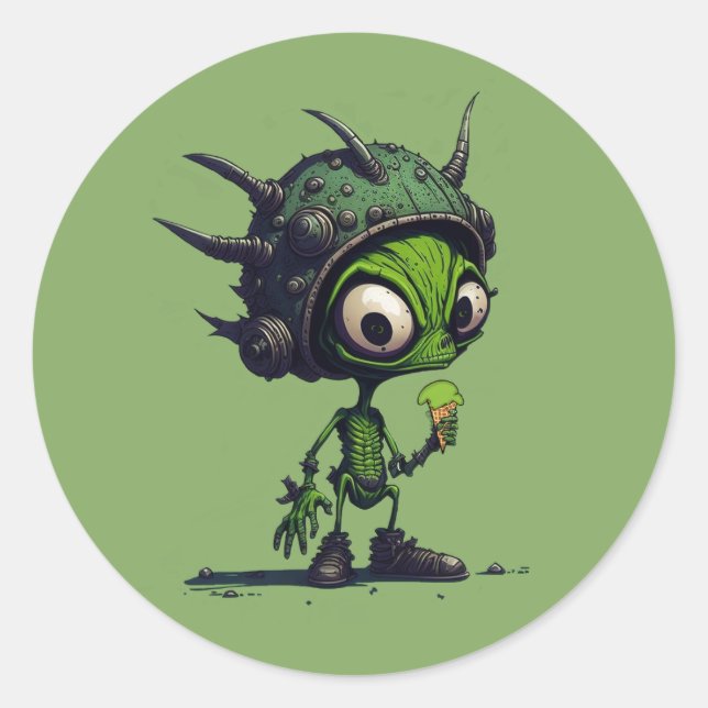 Alien Cartoon Design Eating Ice Cream Cone Cool Classic Round Sticker (Front)