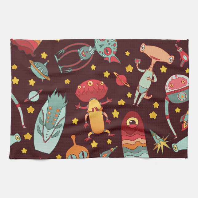 Alien Cartoon: Vintage Space Fun Kitchen Towel (Horizontal)