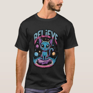 Alien Cat Believe UFO Space Design T-Shirt