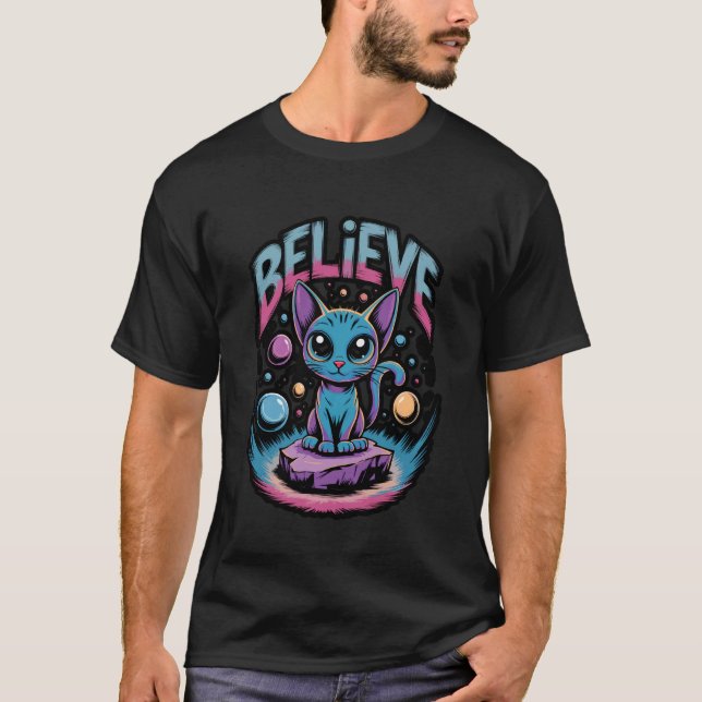 Alien Cat Believe UFO Space Design T-Shirt (Front)