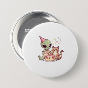 Alien Cat Birthday Party Cartoon 3 Inch Round Button