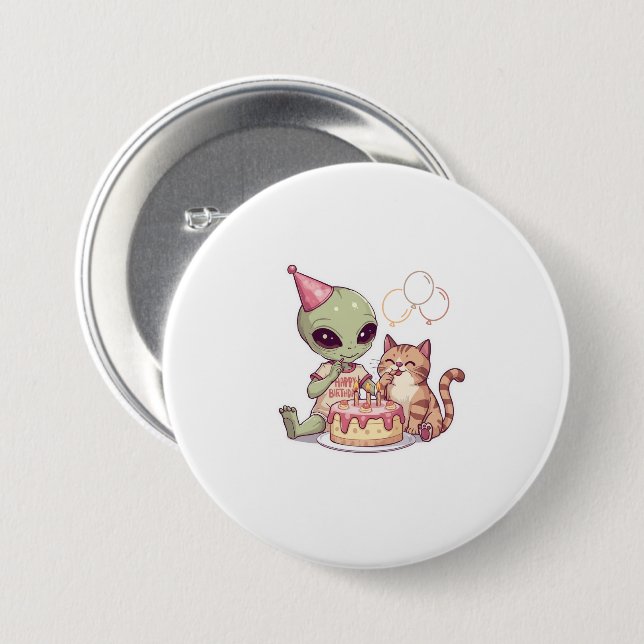 Alien Cat Birthday Party Cartoon 3 Inch Round Button (Front & Back)