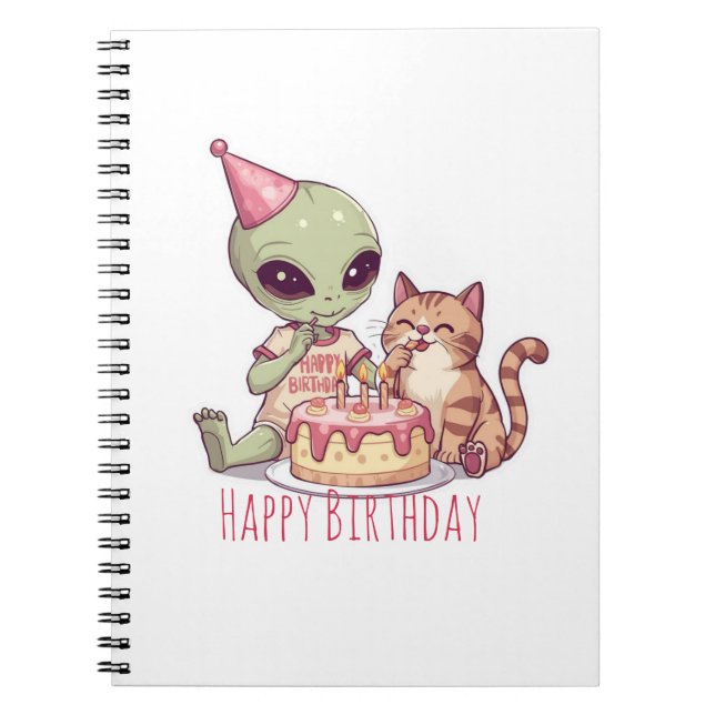 Alien Cat Birthday Party Cartoon Notebook (Front)