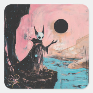 Alien Cat Black Moon Occult Dark Witchy AI Art Square Sticker