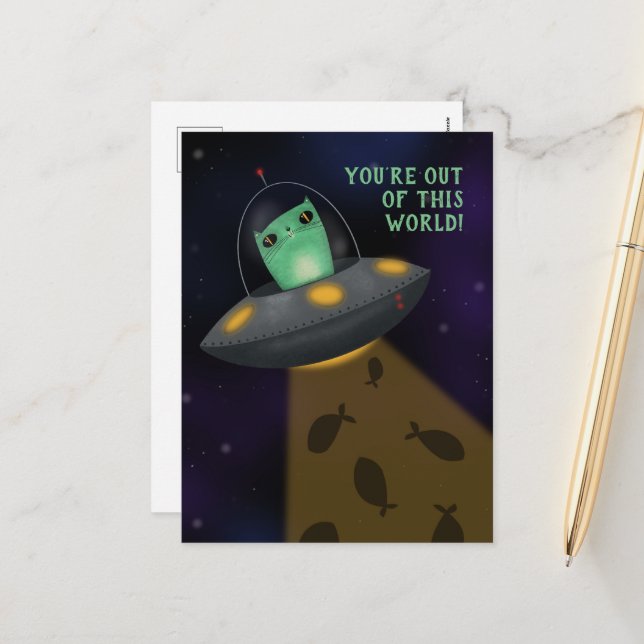 Alien Cat Holiday Postcard (Front/Back In Situ)