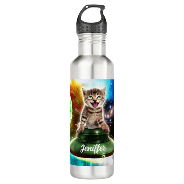 Alien cat in the ufo saucer                        710 ml water bottle (Front)