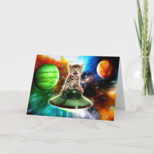 Alien cat in the ufo saucer                        card