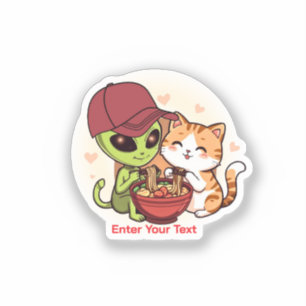 Alien & Cat Sharing Ramen Kawaii Art