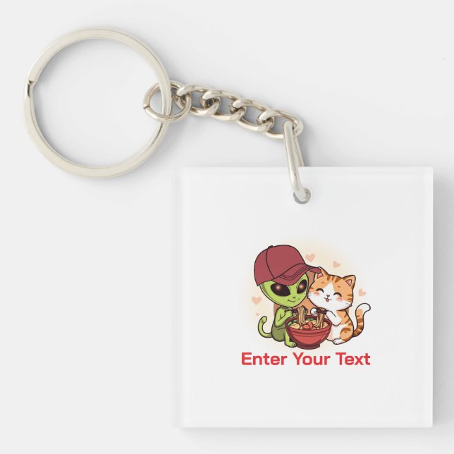 Alien & Cat Sharing Ramen Kawaii Art Keychain (Front)