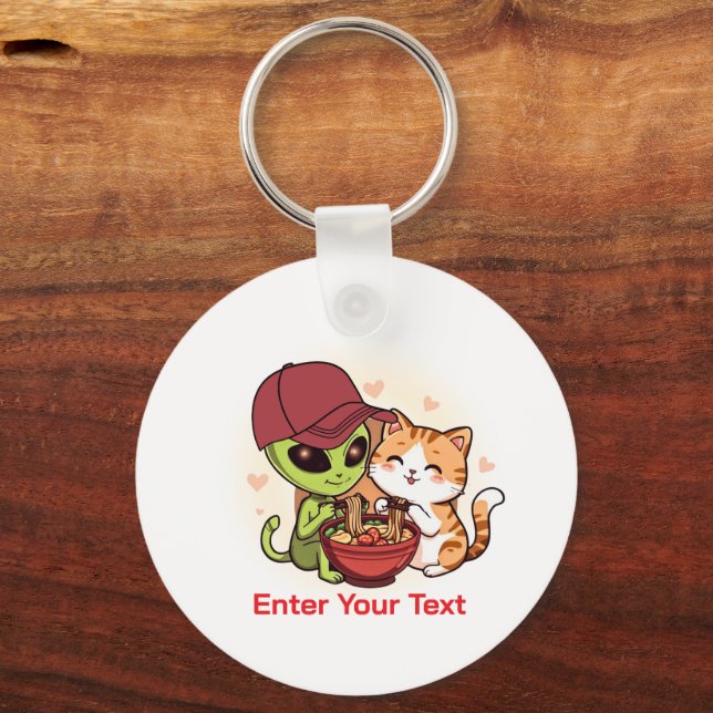 Alien & Cat Sharing Ramen Kawaii Art Keychain (Front)