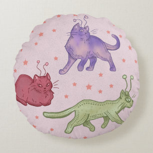 Alien Cats Whimsical Space Cat Funny Sci-Fi Round Pillow