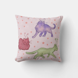 Alien Cats Whimsical Space Cat Funny Sci-Fi Throw Pillow