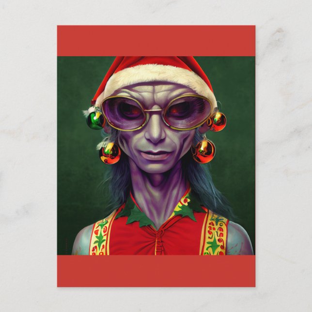  Alien Christmas  Hippie Elf Gift. T-Shirt Postcard (Front)