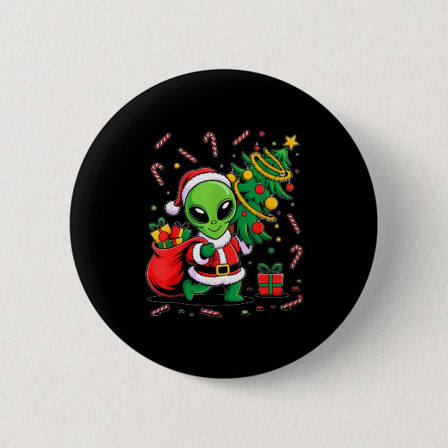 Alien Christmas Tree Lights Xmas Funny Alien  2 Inch Round Button (Front)