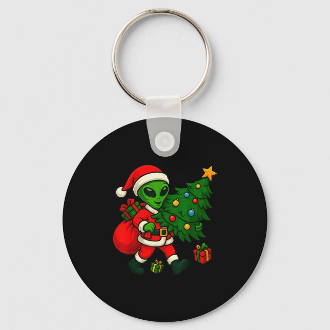 Alien Christmas Tree Xmas Lights Funny Holiday Men Keychain (Front)