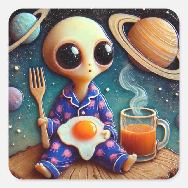 Alien Coffee and Eggs Square Sticker (Front)