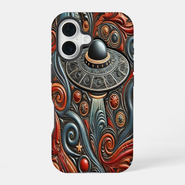 Alien Craft Gliding Through Bright Cosmos iPhone 16 Case (Back)