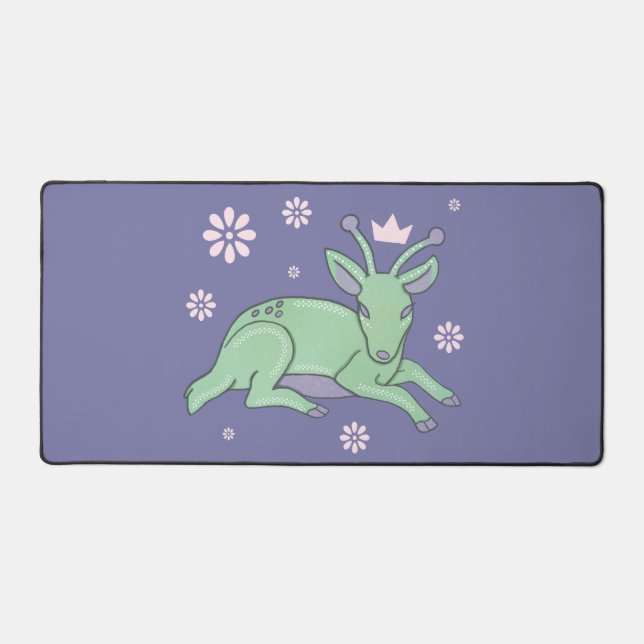 Alien Deer Folk Art | Whimsical Green Fawn Desk Mat (Front)