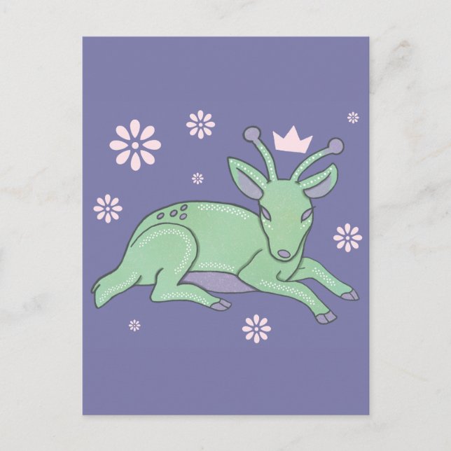 Alien Deer Folk Art | Whimsical Green Fawn Postcard (Front)
