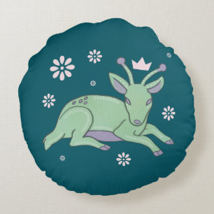 Alien Deer Folk Art   Whimsical Green Fawn Round Pillow