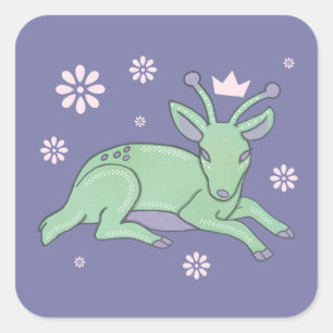 Alien Deer Folk Art Whimsical Green Fawn Square Sticker