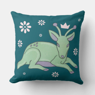Alien Deer Folk Art   Whimsical Green Fawn Throw Pillow