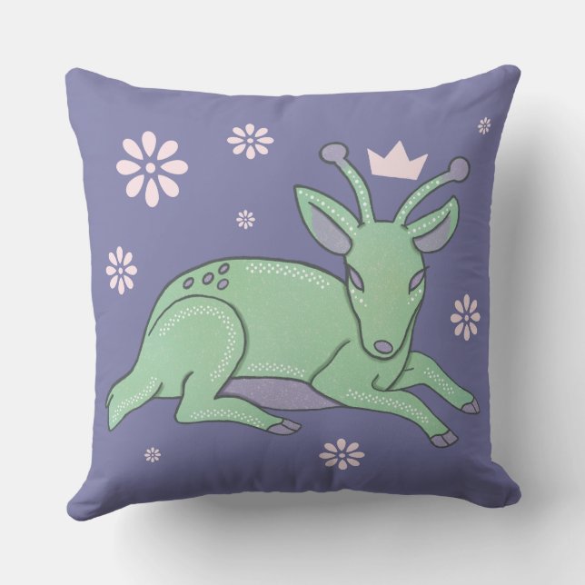 Alien Deer Folk Art | Whimsical Green Fawn Throw Pillow (Back)