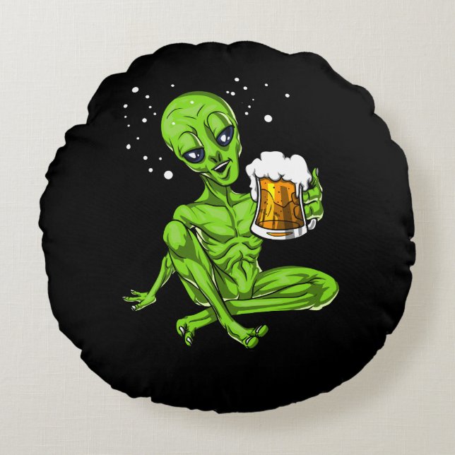 Alien Drinking Beer Space UFO Cosmic Party Round Pillow (Front)