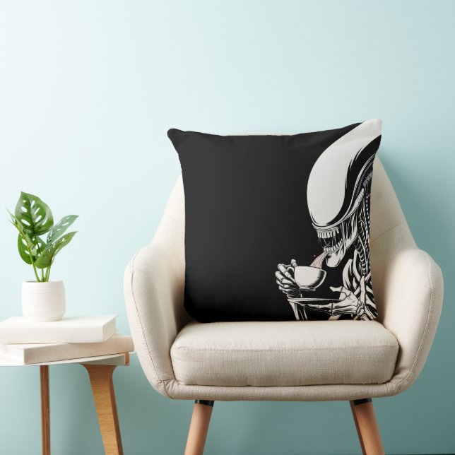 Alien Drinking Tea Throw Pillow – Funny Sci-Fi (Chair)