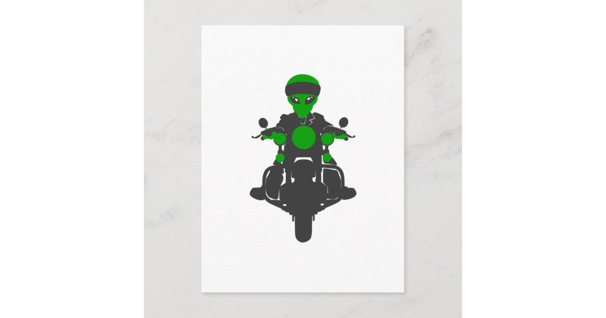 Alien driving a motorcycle rides postcard | Zazzle