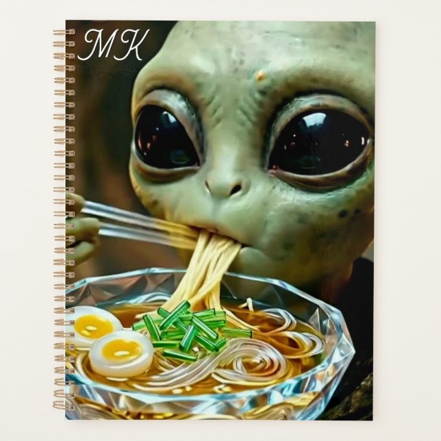 Alien drôle mangeant des nouilles Ramen Monogrammé (Devant)