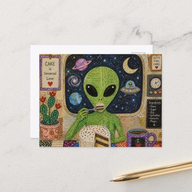 Alien Eating cake Postcard (Front/Back In Situ)