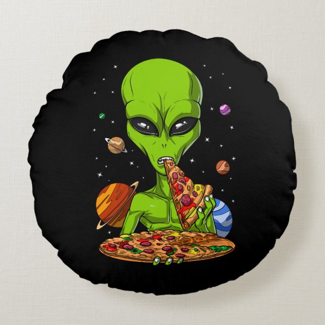 Alien Eating Space Pizza Round Pillow (Front)