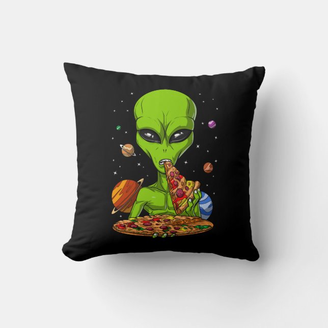 Alien Eating Space Pizza Throw Pillow (Front)