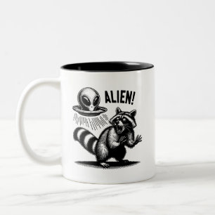 Alien Encounter Unisex T-shirt, Scared Raccoon  Two-Tone Coffee Mug