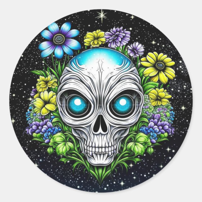 Alien Extraterrestrial with Blue Eyes and Flowers Classic Round Sticker (Front)