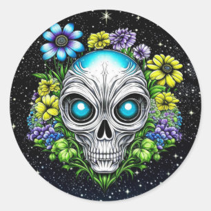 Alien Extraterrestrial with Blue Eyes and Flowers Classic Round Sticker
