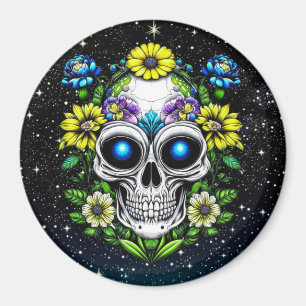 Alien Extraterrestrial with Blue Eyes and Flowers Magnet